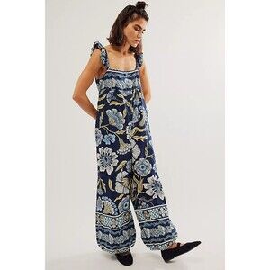 Free People Bali Albright Jumpsuit Small Blue Floral Wide Leg Ruffle Straps